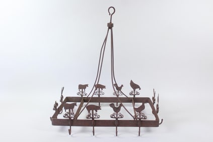 Wrought Iron Folk Art Pot Hanging Rack with Animal Motif