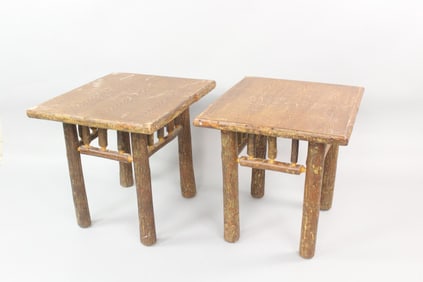 Pair of Old Hickory Wood Side Tables, Adirondack Twig
