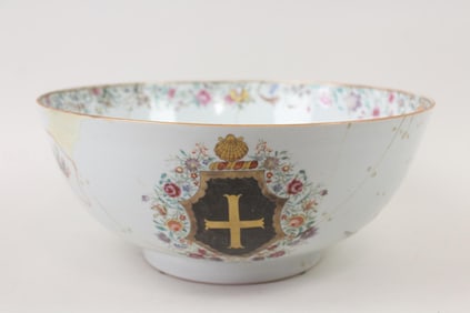 Chineses Export Famille Rose Armorial Porcelain Large Punch Bowl, Repaired