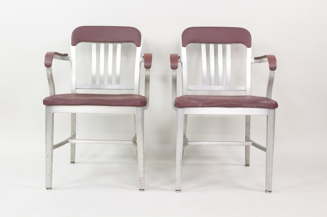 Pair of Goodform Aluminum Armchairs: Mid-century Modern Pair of Goodform Aluminum Armchairs or Office Chairs. Two matching chairs with sturdy aluminum frames, slatted backs, and plastic coated upholstered seats, arms, & back rests. Goodf