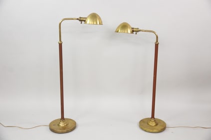 Pair of Brass & Leather Floor Lamps, Manner of Jacques Adnet