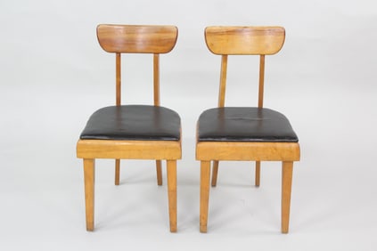 Pair of Mid-Century Modern Wood & Black Vinyl Chairs