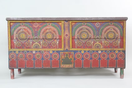 Colorful Painted Moroccan Wooden Blanket Chest Trunk