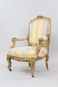 Carved and Gold Gilt Wood Louis XVI Style Silk Chair