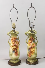Pair of Art Nouveau Porcelain Lamps with Cherry Blossoms