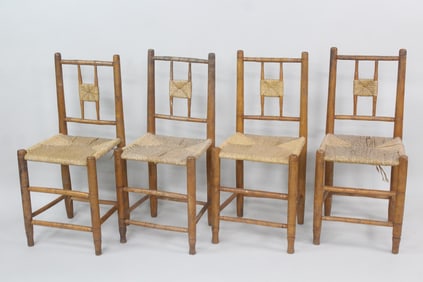 Set of 4 Wood Rush Seat Cottage Chairs
