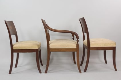 Set of 3 Art Nouveau Chairs with Inlay & Silk Upholstery