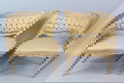 Pair of Giltwood & Caned Fireside Chairs, Faux Bois Upholstery
