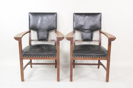 Pair of Leather Oak Arts & Crafts Chairs, Art Nouveau