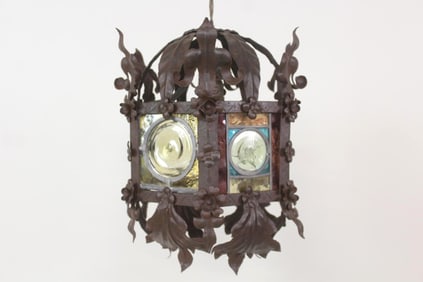 Gothic Wrought Iron & Stained Glass Hanging Lantern Light