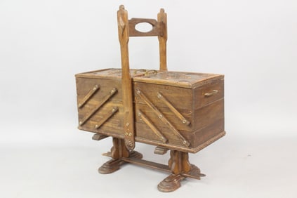Wood Accordian Sewing Box with Carved Details