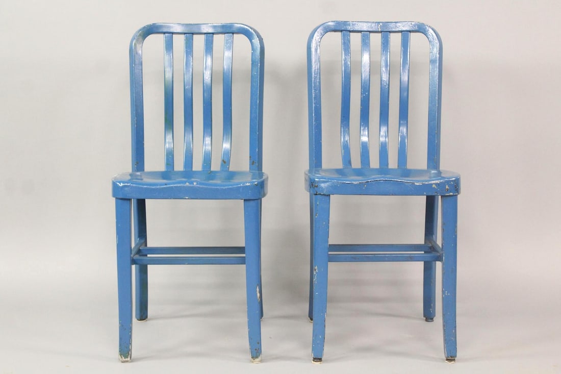 Pair of Blue Painted Aluminum "Navy" Chairs: Pair of Industrial Blue Painted Aluminum "Navy" Chairs, Goodform Style. Matching pair of lightweight aluminum chairs, painted blue. Dimensions are 33.25 in h x 15.5 in w x 19 in d. Seat height is 19 i