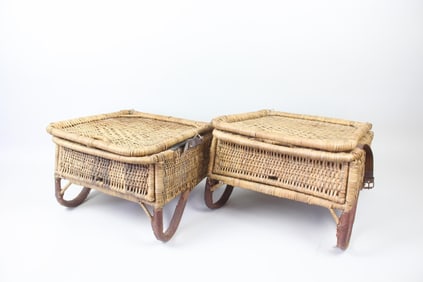 Pair of Wicker & Leather Folding Fishing, Beach or Picnic Chairs