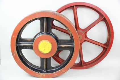 Group of 2 Red Wooden Gear Foundry Molds with Red, Black & Yellow Paint