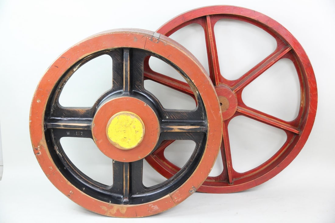Group of 2 Red Wooden Gear Foundry Molds with Red, Black & Yellow Paint (1 of 9)