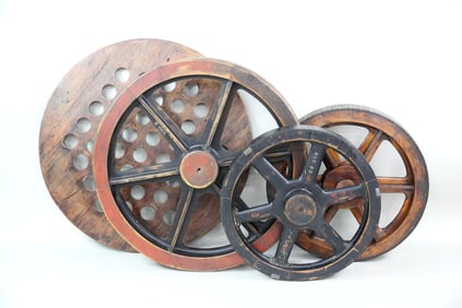 Group of 4 Wooden Factory Gear Foundry Molds, Perforated & Painted