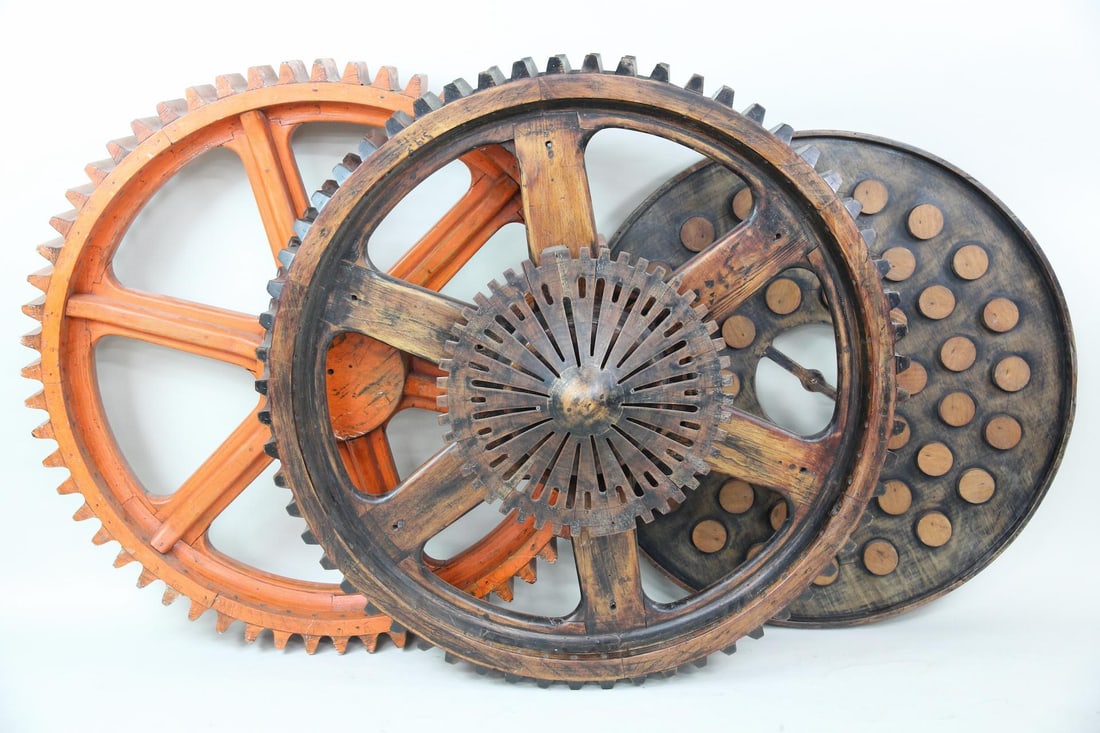 Group of 3 Large Wooden Gear & Drain Foundry Molds, One With Intricate Center: Group of 3 Factory Gear Wheel Cog Foundry Molds. Three sculptural foundry molds, used in the factory casting process. Group includes one large wooden mold with intricate center & large teeth, one with