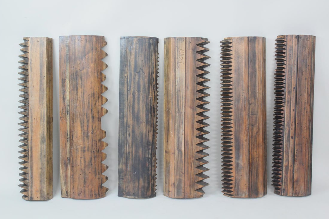 Group of 6 Industrial Foundry Molds, Gear Teeth Panels: Group of 6 Industrial Wood Foundry Molds, Gear Teeth Panels. Wooden tools used in the sand casting process to create industrial components; they are also beautiful, standing sculptural objects. Dimens