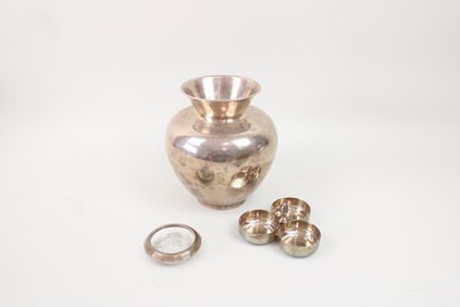 Lot of Sterling Silver & SIlverplate Serveware; Vase, Coaster, Condiment Tray