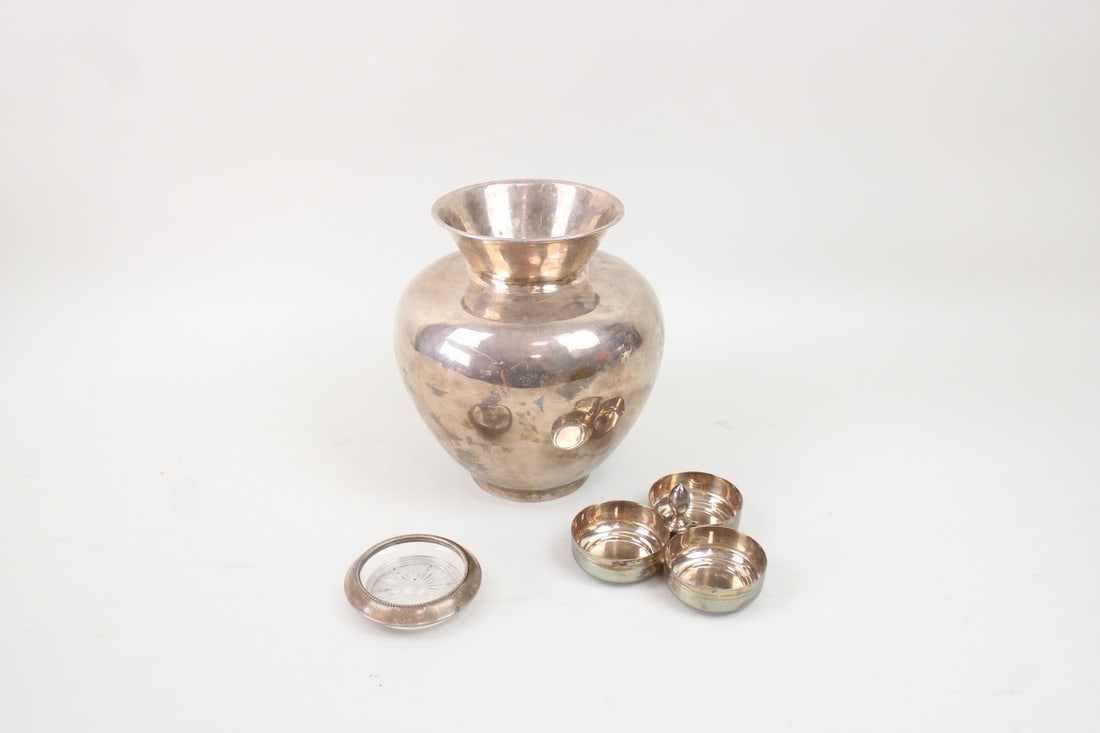 Lot of Sterling Silver & SIlverplate Serveware; Vase, Coaster, Condiment Tray (1 of 12)