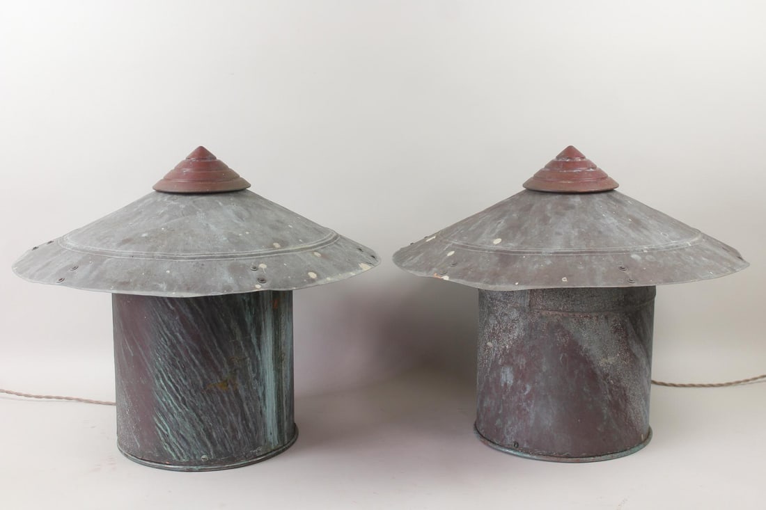 Pair of Large Industrial Patinated Copper Found Object Lamps (1 of 11)