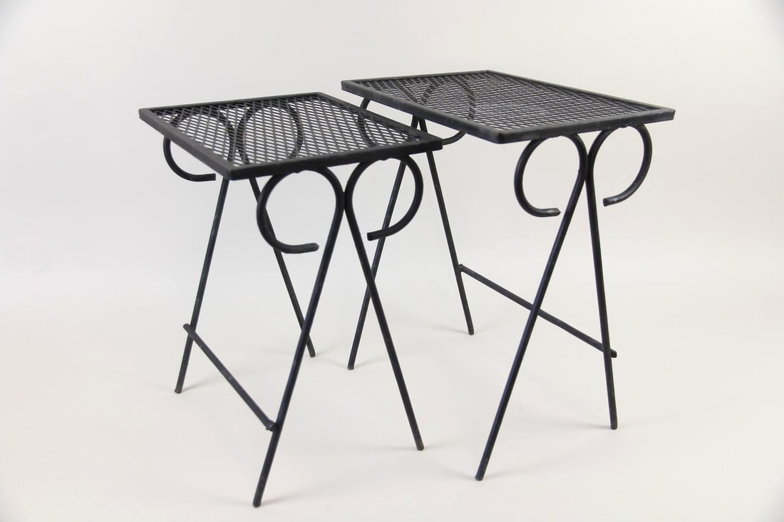 Set of 2 Wrought Iron Nesting Tables, Salterini Style: Set of 2 Mid-century Modern Iron Outdoor Stacking Tables, Salterini Style. Two small, timeless side or end tables designed to fit together for easy storage, both indoors or out. They have black iron f