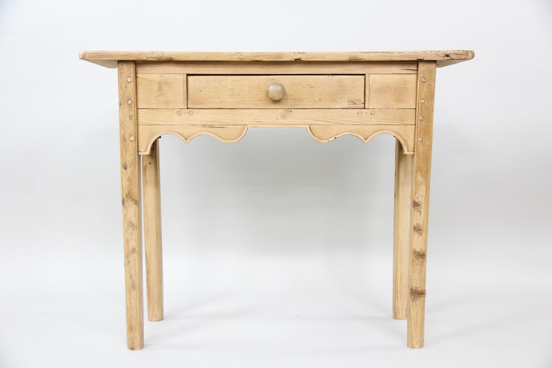 Scrubbed Pine Small Console Table with Drawer: Scrubbed Pine Farmhouse Side Table with Drawer. Simple pine table with scrubbed finish, a single drawer with wooden pull and warm patina throughout. Dimensions are 30.75 in h x 39 in w x 12.75 in d. C