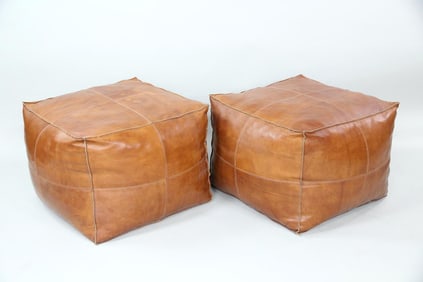 Pair of Minimalist Modern Brown Leather Square Cube Ottomans