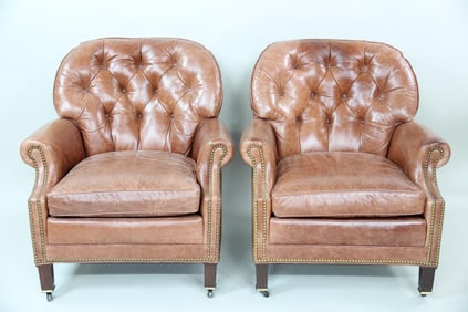 Pair of Hancock & Moore Tufted Brown Leather Club Chairs