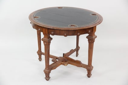 Victorian Burl Wood & Leather Flip Top Game Table