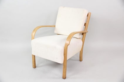 Scandinavian Bentwood Armchair with White Linen Upholstery