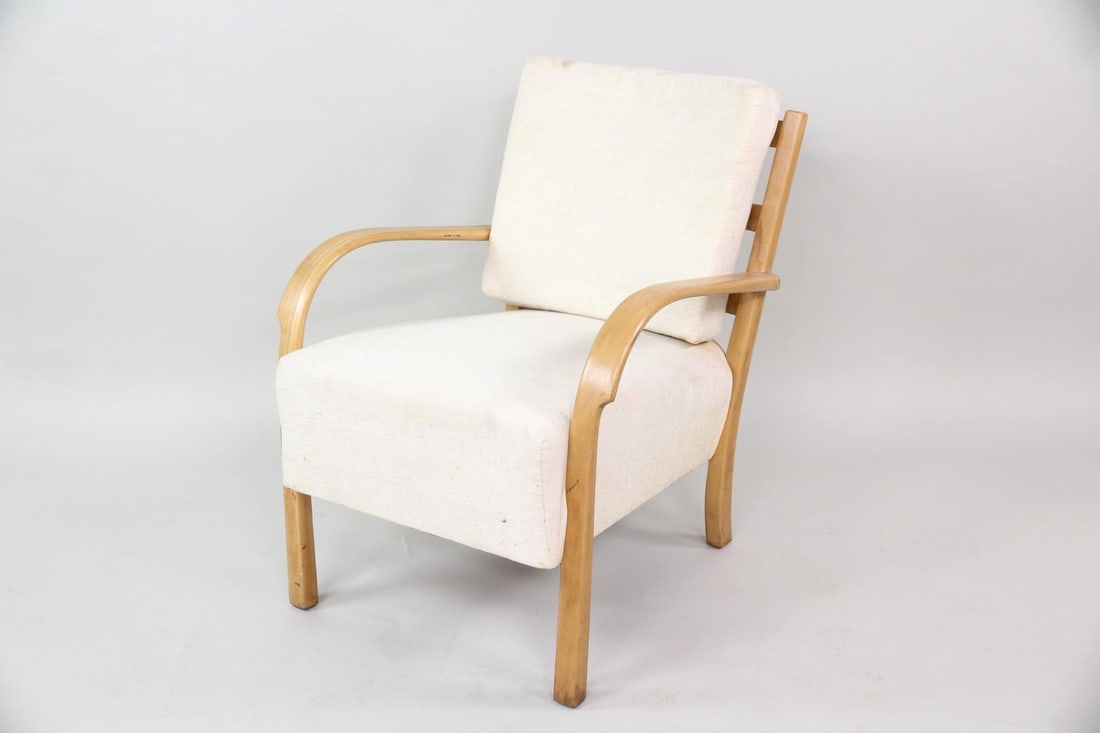 Scandinavian Bentwood Armchair with White Linen Upholstery (1 of 15)