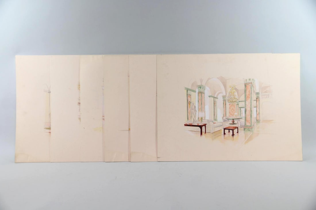 Collection of 6 Architectural Drawing Renderings, Opulent Inteiors: Collection of 6 Architectural Renderings, Hotel Design. Group of 6 drawings of opulent interior spaces, rendered in soft colored dry media on cream colored board. Signature appears to read "AB JD" in