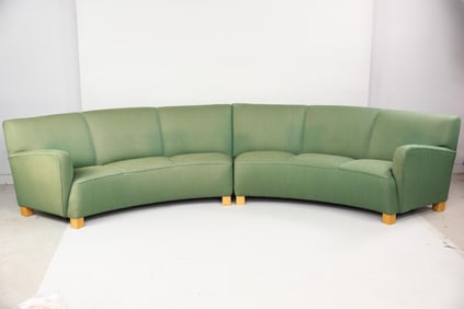 Two Piece Danish Modern Green Curved Banquette Sofa