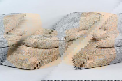 Pair of Edward Ferrell Swivel Club Chairs, Upholstered Anglo-Indian