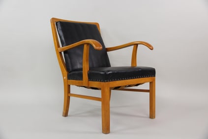 Danish Modern Black Leather & Wood Lounge Chair, Style of Tyge Hvass