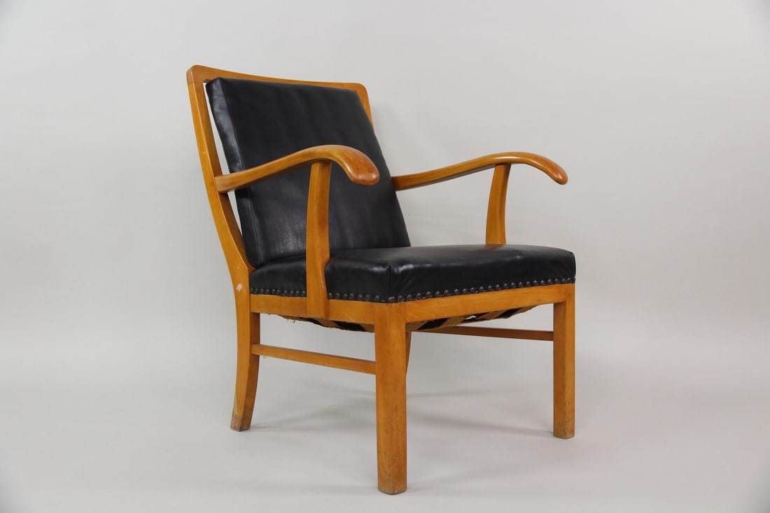 Danish Modern Black Leather & Wood Lounge Chair, Style of Tyge Hvass (1 of 12)