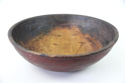 Large Primitive Turned Wood Bowl, Painted Oxblood Red
