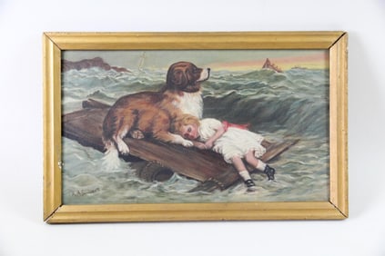 Antique Painting of Shipwrecked Girl & Dog, Samascott, Kinderhook, NY