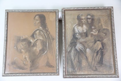 Pair of Charcoal Figural Drawings in Matching Frames
