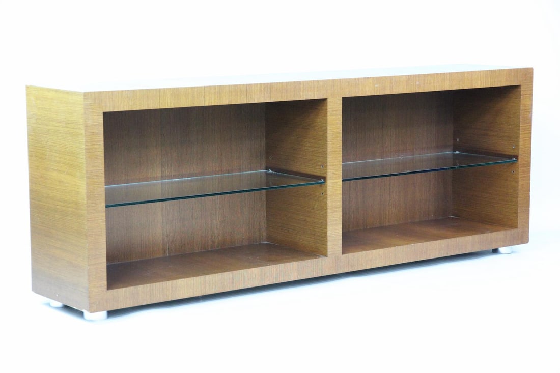 Minimalist Credenza Shelf, Manner of Milo Baughman: Mid Century Modern Credenza with Open Glass Shelves, Manner of Milo Baughman. Minimalist open cabinet with wooden frame and glass shelves. Christies auction tag attached. Dimensions are 29.5 in h x 79