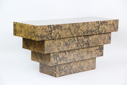 Postmodern Faux Burl Stepped Console Table