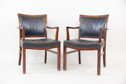 Pair of Danish Modern Studded Blue Leather & Wood Armchairs