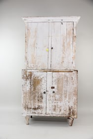 Primitive White Painted Step Back Cupboard