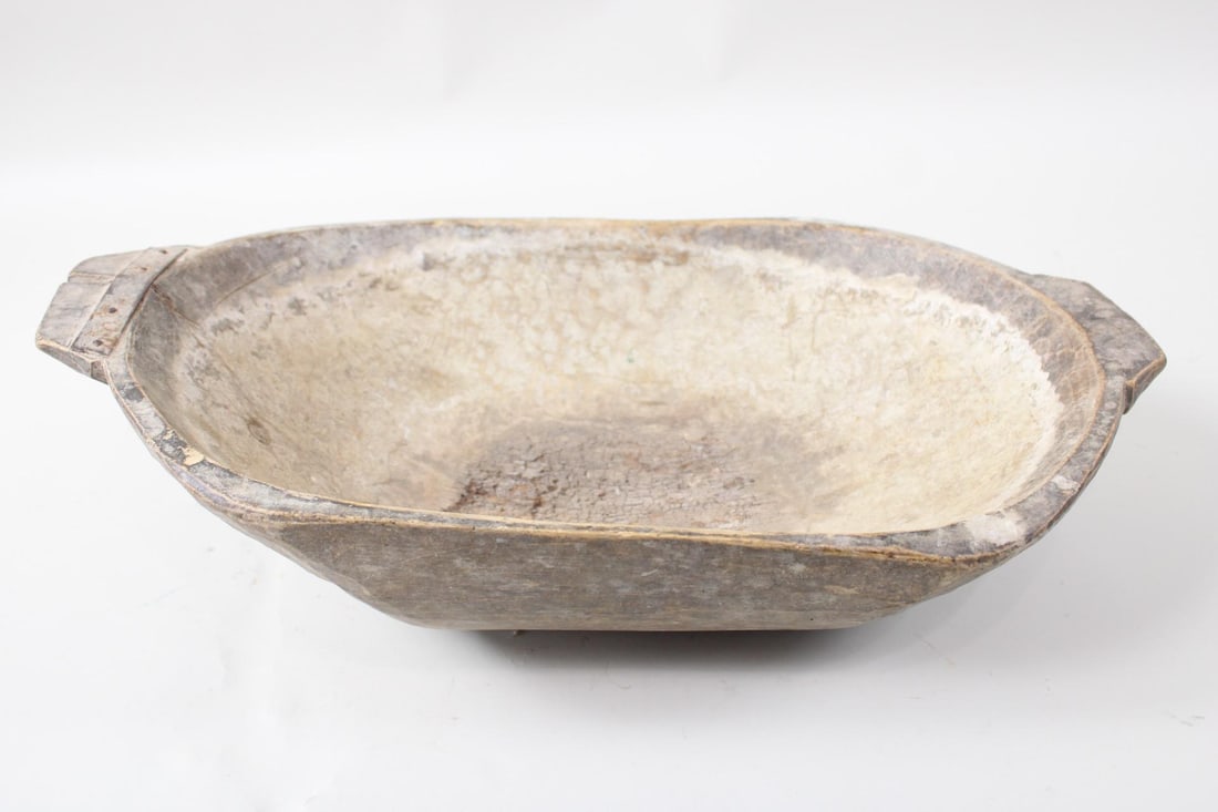 Primitive Carved Wooden Dough Bowl, Folky Metal Repair (1 of 9)