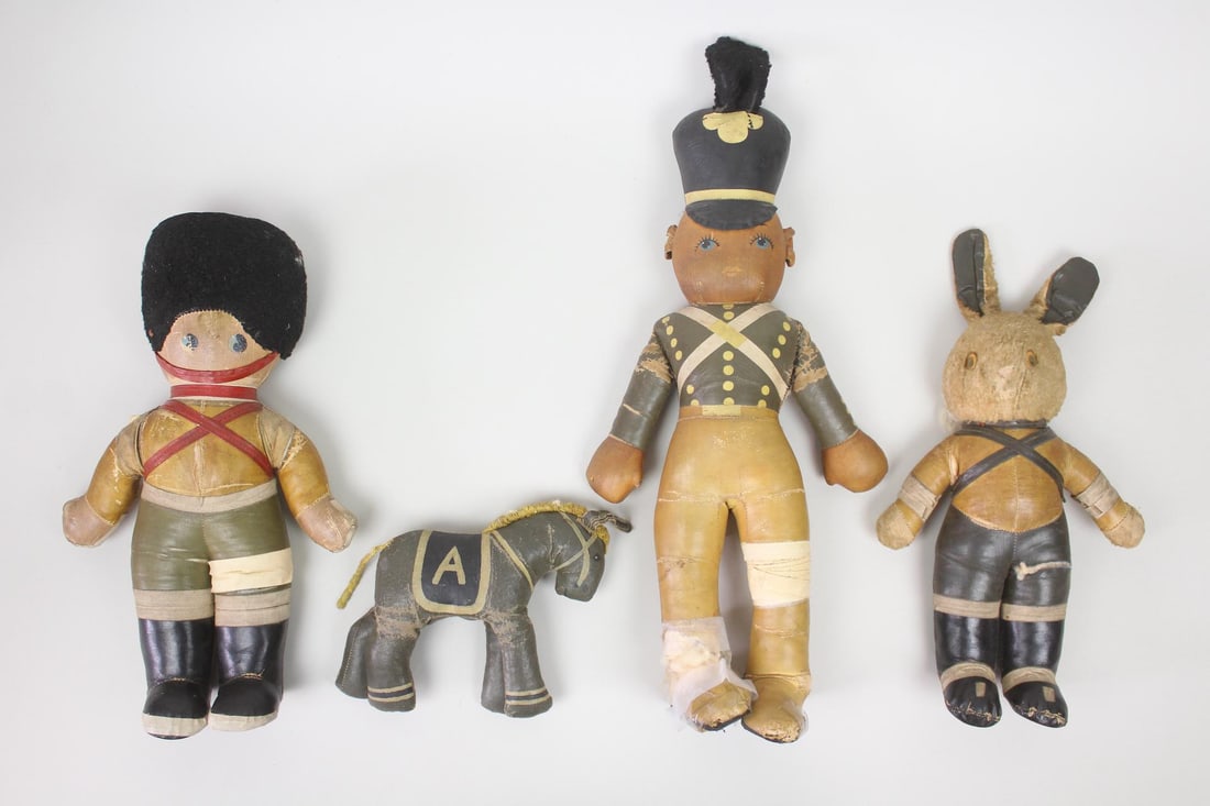 Lot of 4 Folk Art Leather & Fabric Toys, 2 Soldiers, Bunny & Horse: Lot of 4 Folk Art Leather Toys, 2 Soldiers, Bunny & Horse. Adorable lot of toys made of painted leather and fabric, with 2 dressed as British soldiers, a bunny dressed as a British soldier, and a smal