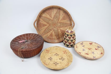 Group of 5 Baskets, Alaskan Coiled Grass and Others