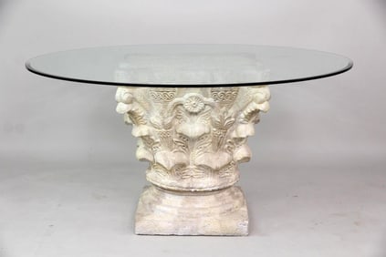 Cast Stone Corinthian Column Glass Top Table