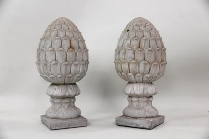 Pair Cast Stone Concrete Artichoke Garden Sculptures, Henri Studio