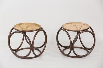 Pair of Bentwood Caned Top Thonet Stools, Side Tables
